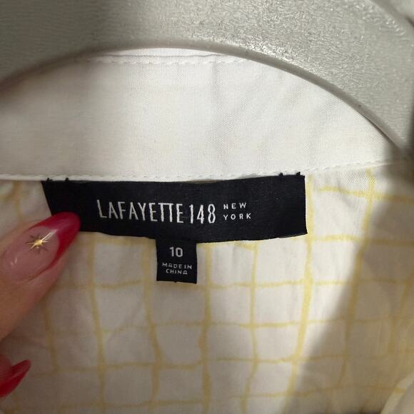 Lafayette 148 New York Long Sleeve Button Down Shirt Check Print Yellow Size 10 - Picture 3 of 5